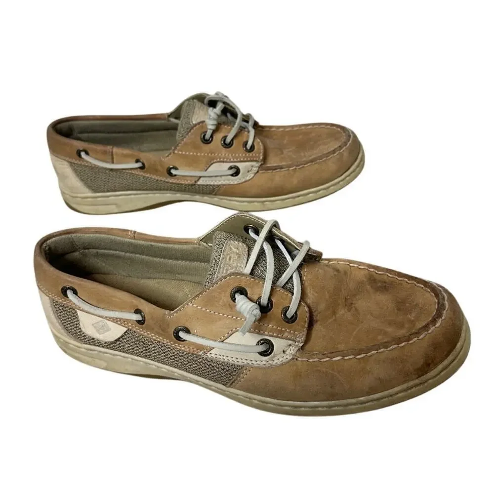 Sperry Size 8.5 Womens Tan Brown Leather Boat Shoes Preppy Loafer Well Worn Dirt